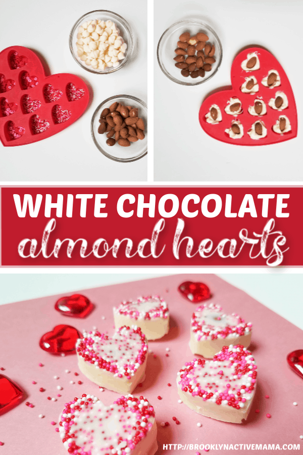 Looking for an easy treat to make for Valentine's day? Check out these adorable white chocolate almond hearts! #valentinesday #valentines #valentinesdayparty This Valentine's Day Treat is sure to please!