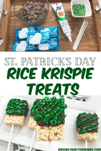 These St. Patrick's Day Rice Krispie treats are so much fun and festive! With only a few ingredients you can make a fun holiday snack! Perfect no bake snack to make with kids for St. Patrick's day and features a fun green icing with green and white sprinkles. #stpatricksday #ricekrispietreats #ricekrispies #stpaddysday