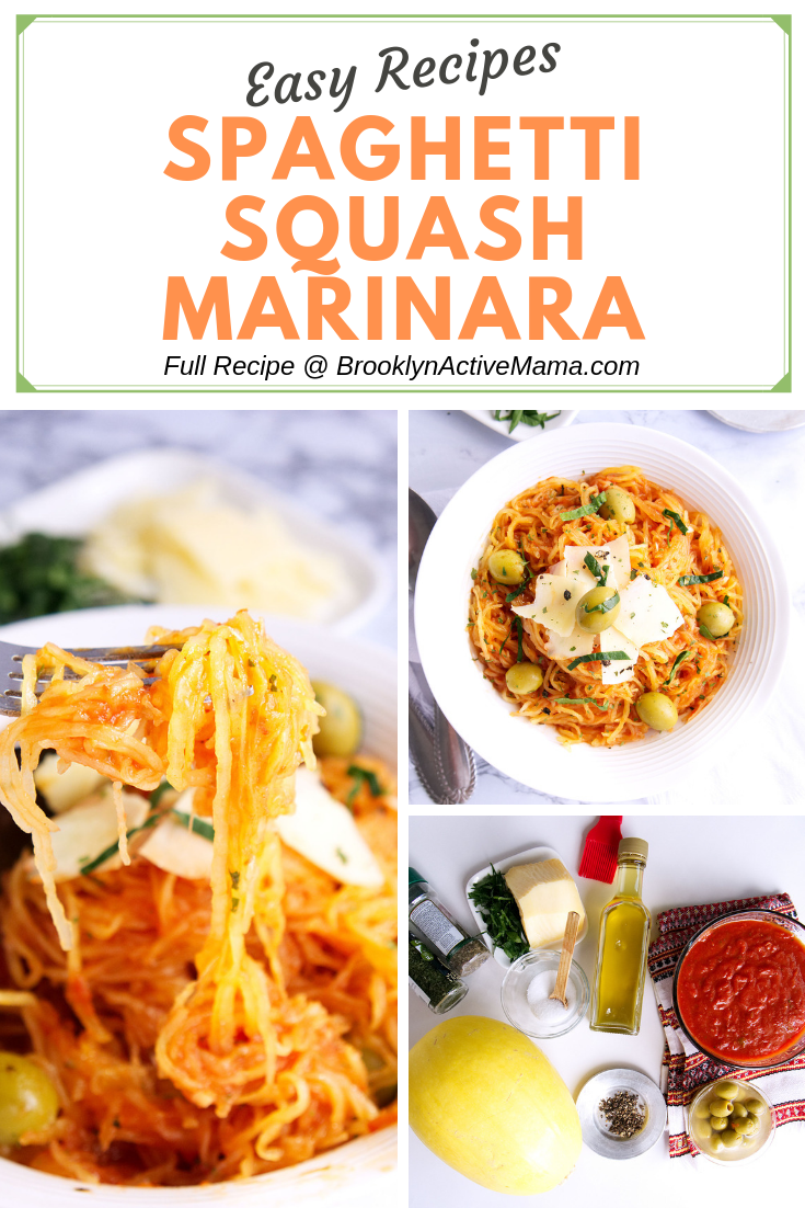 This super easy spaghetti squash marinara recipe is low carb, vegetarian and will be on the table in less than 35 minutes! #lowcarb #squash #vegetarianrecipes