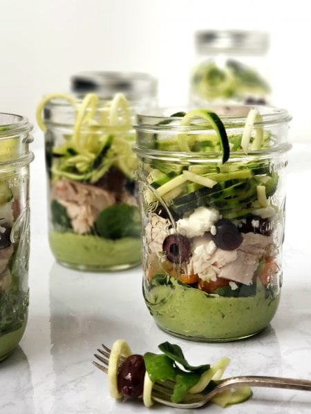 This Zucchini Noodle Salad with chicken recipe is fun to make and put in a mason jar for an easy healthy make ahead lunch for work. Clean eating made super easy with meal prepping. #mealprep #cleaneats