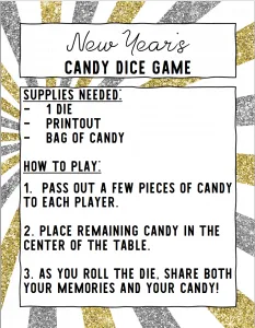 This Candy Dice Game New Years party Activity is a fun way to entertain guests. All you need is 1 bag of candy, a die, and this free printable! The game only needs a bag of candy, 1 die and the free printable. It's great for everyone in the family including Adults and Kids. #NewYears #NewYearsEve #NewYearsDay #NewYearsGames