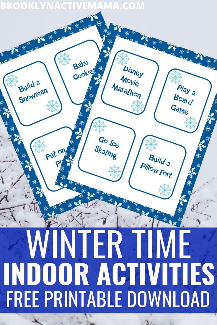 Bored on winter break? Check out this free printable download full of 20 indoor winter activities to keep your kids busy and active! There are ideas for kids and adults that you can do at home or in school. This is great family fun for all members of the family! #winterbreak #winteractivities #winterfun