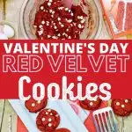 Here is a fun recipe for White Chocolate Chip Valentine's Day Cookies that you can bake for the sweethearts in your life! They are super festive and fun with a bright red color. Made super quick with red velvet cake mix and white chocolate chips, it's a super fun treat to make with the kids or for your love! #valentinesday #valentinesdaycookies #valentinesdaysweets