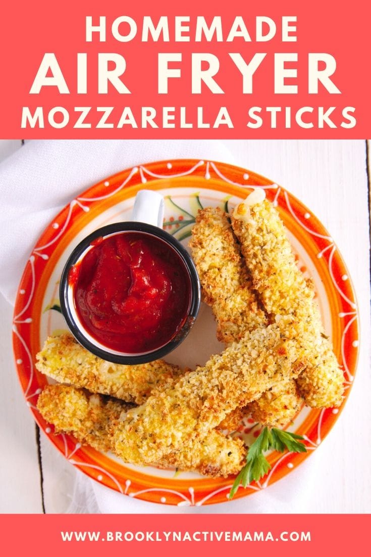 Check out this amazing and healthy homemade air fryer mozzarella sticks recipe that is not only tasty but sure to please! They are delicious without all of the guilt--they use NO OIL and are seasoned to perfection. These Mozzarella sticks get perfectly crispy in your airfryer! #homemade #airfryer #airfryerrecipe #mozzarellasticks #appetizers #snacks