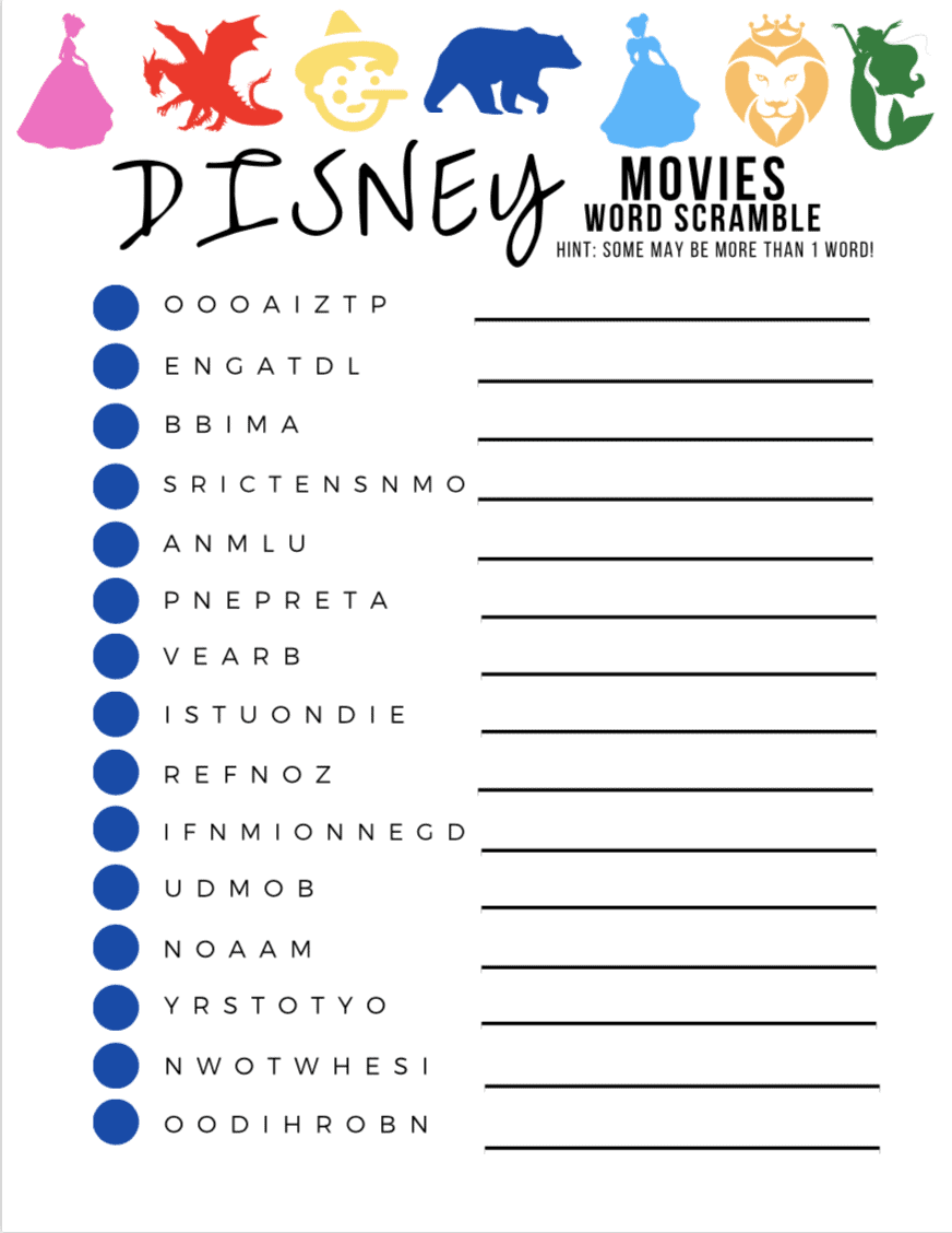 Disney Character Word Scramble Activity Pages - Free Printable