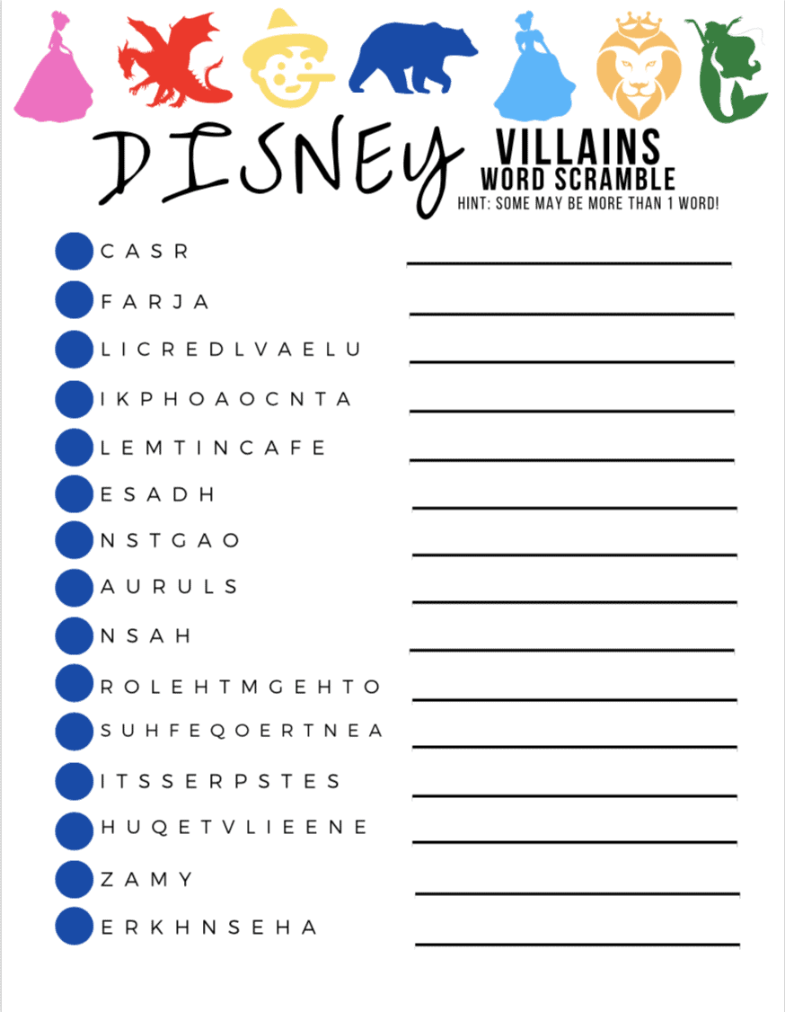 disney character word scramble activity pages free printable