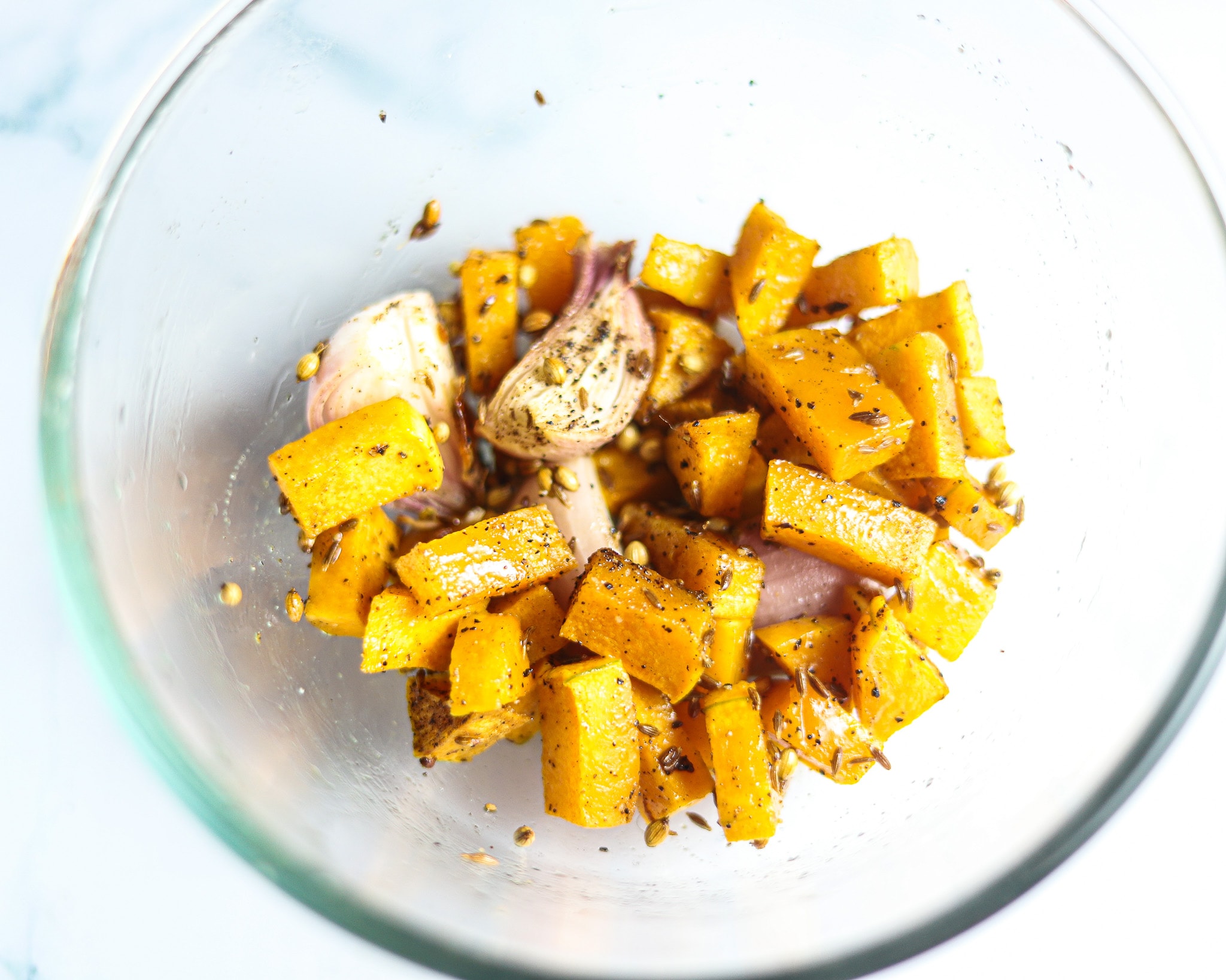 Roasted Pumpkin Soup ingredients and spices in a bowl