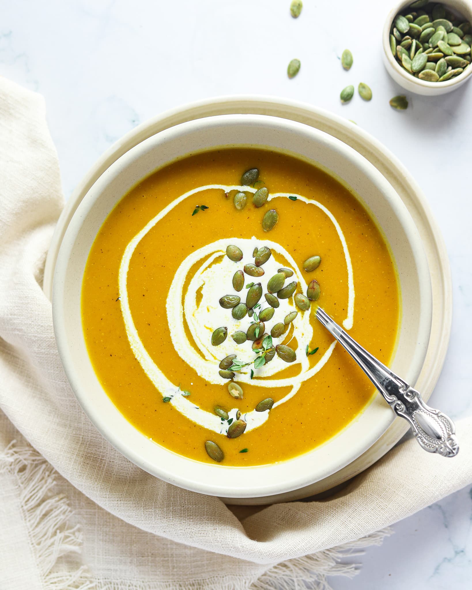 Roasted Pumpkin Soup in white bowl