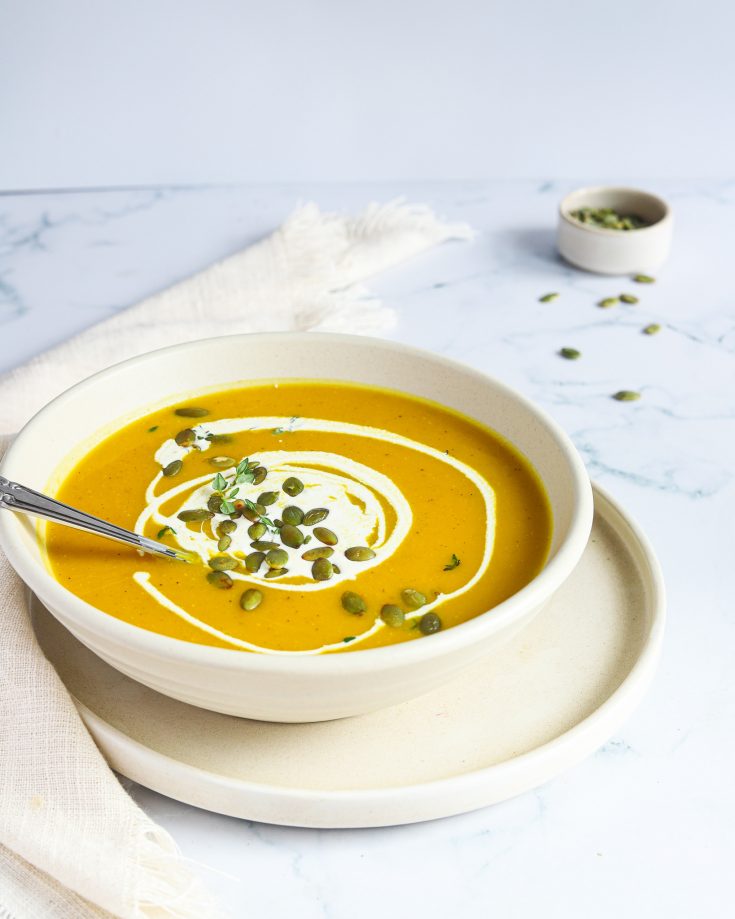 Roasted Pumpkin Soup in white bowl
