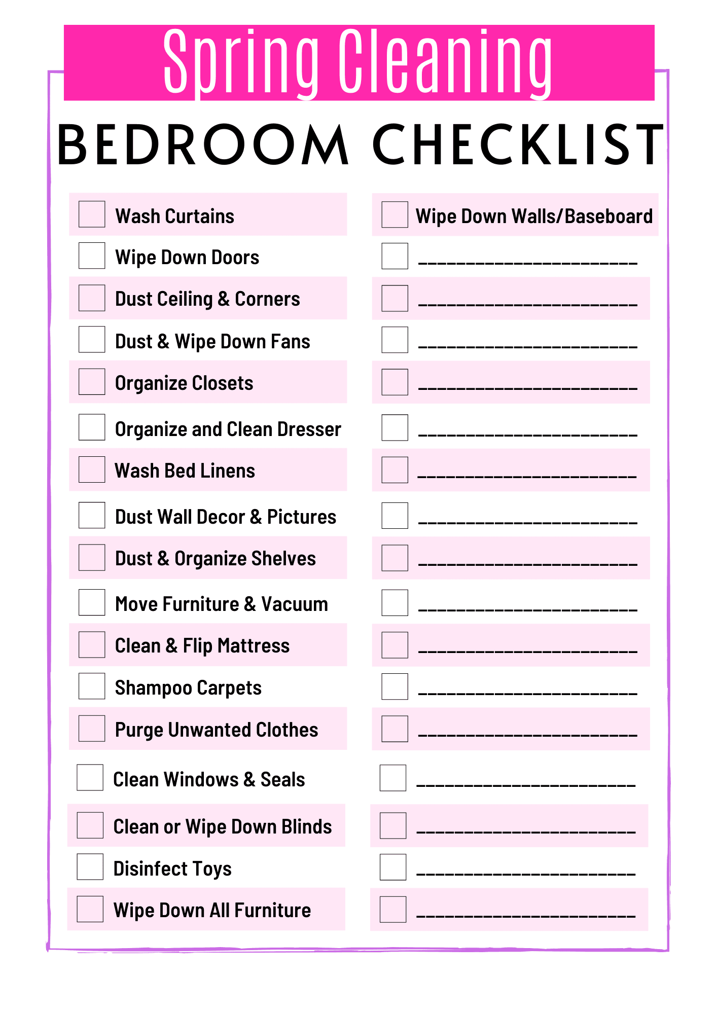 spring clean your bedroom checklist clipart