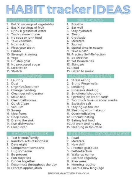 A list titled Habit Tracker Ideas with categories like Health & Fitness, Cleaning, Self-Care, Stress Break, and Skills to Develop. Each category lists various activities, such as eating vegetables, exercising, and reading.