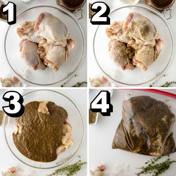 steps 1-4 instructions 1) plain raw chicken in a bowl 2) raw chicken with seasonings 3) chicken covered in marinade 4) chicken in plastic ziploc bag with jerk seasoning