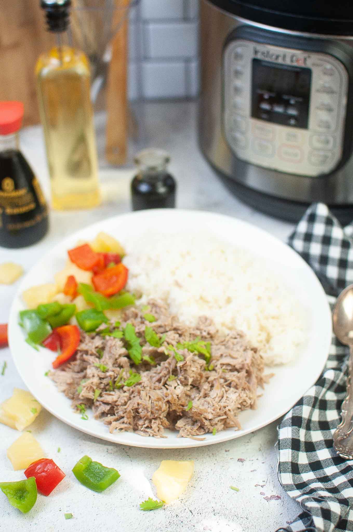 Easy Instant Pot Kalua Pork Recipe with white rice and veggies