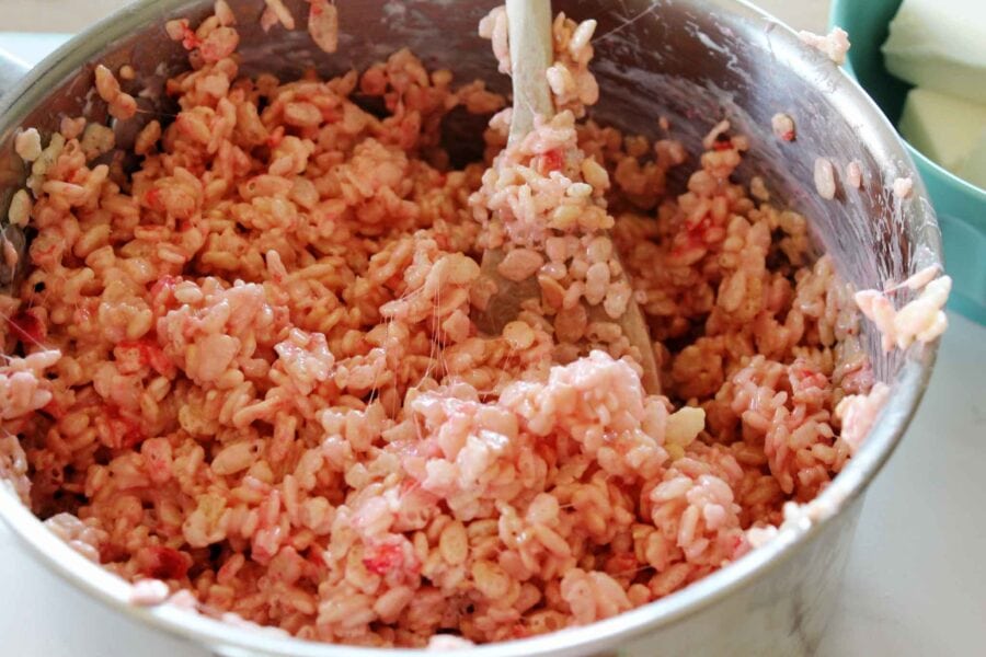 mixing the rice krispie treat mixture