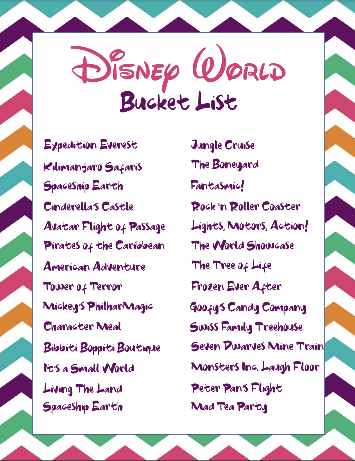Free Printable Disney World Attractions Checklist 