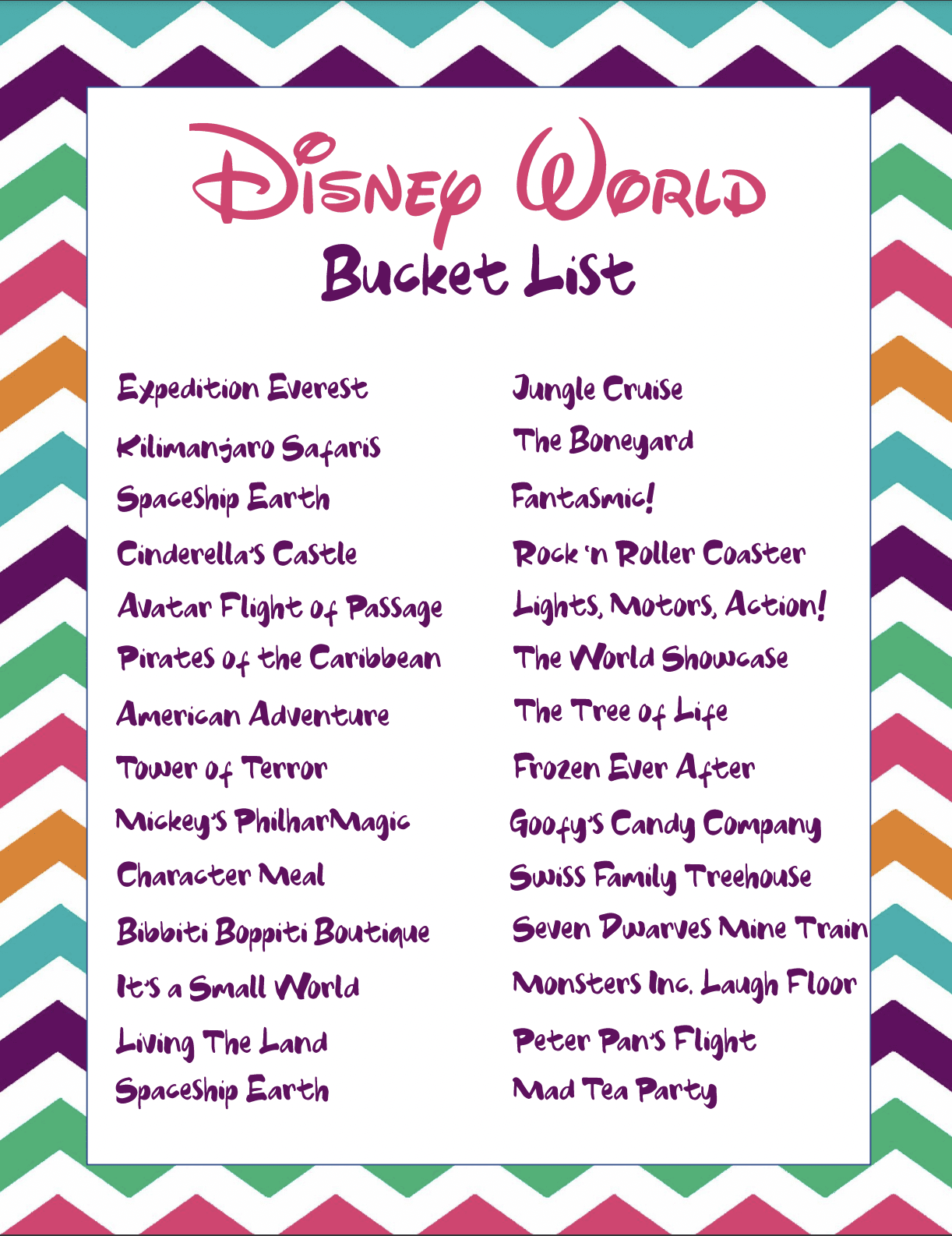 Free Printable Disney World Attractions Checklist