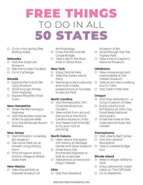 Free Things To Do In All 50 States - Free Printable