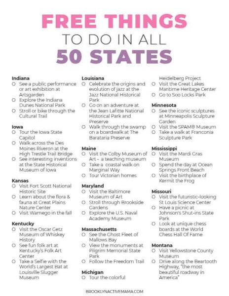 Free Things To Do In All 50 States - Free Printable