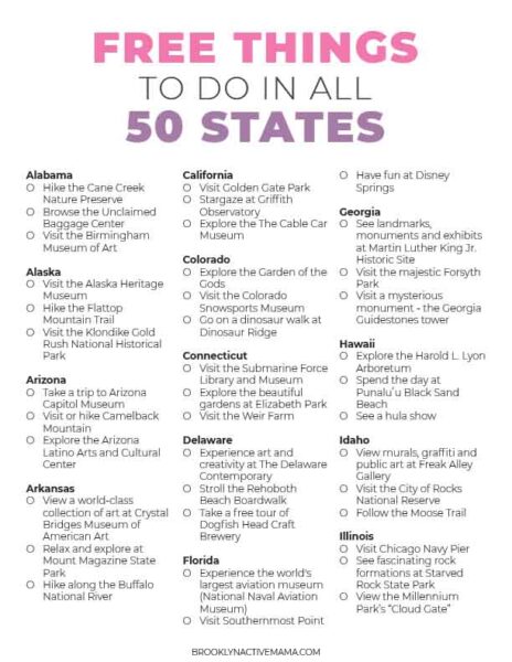 Free Things To Do In All 50 States - Free Printable