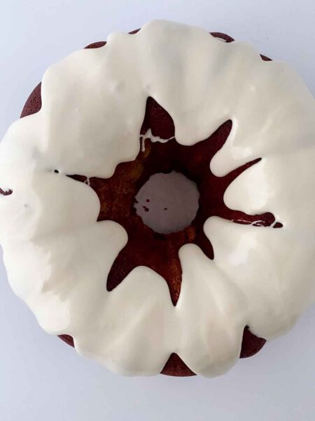 Red Velvet Pound Cake Recipe With Cream Cheese Glaze overhead shot