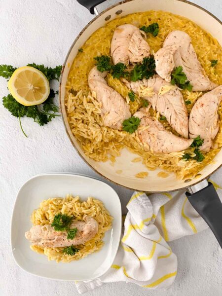 Easy One Pot Chicken Lemon Orzo Skillet Recipe