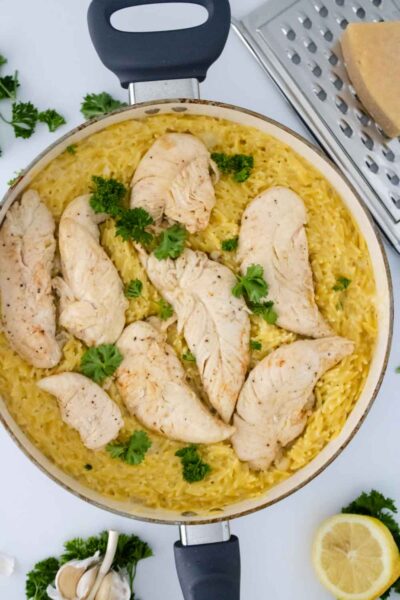 Easy One Pot Chicken Lemon Orzo Skillet Recipe