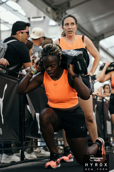 hyrox nyc women's doubles recap sandbag lunges